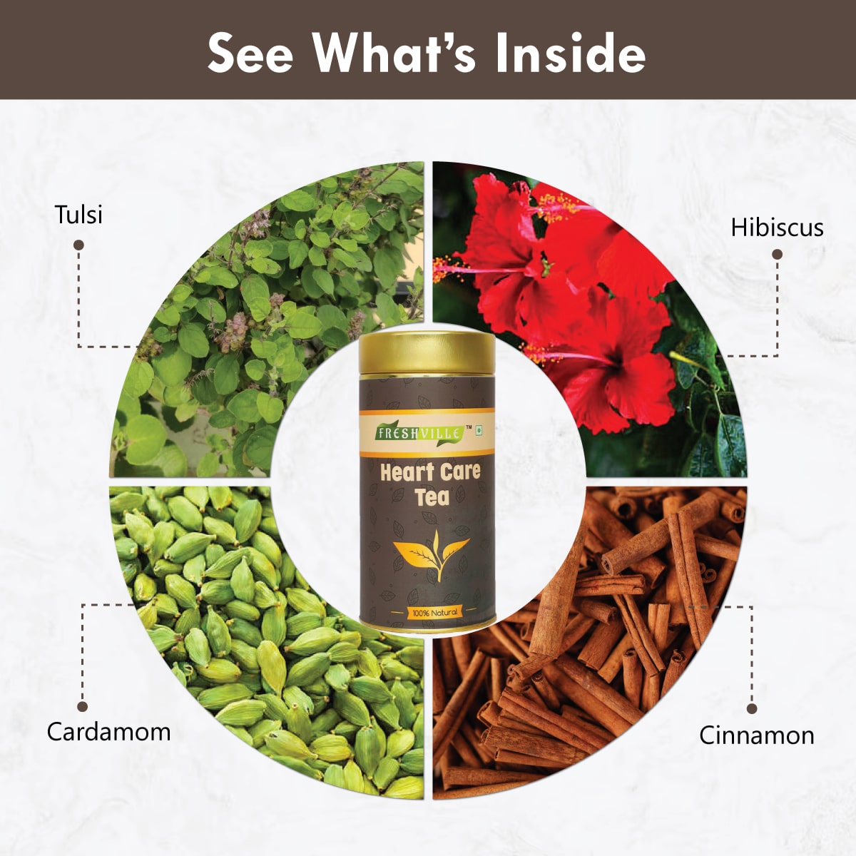 Freshville Heart Care Tea | Controls Blood Pressure with herbs Tulsi, Cardamom, Cinnamon, and Hibiscus